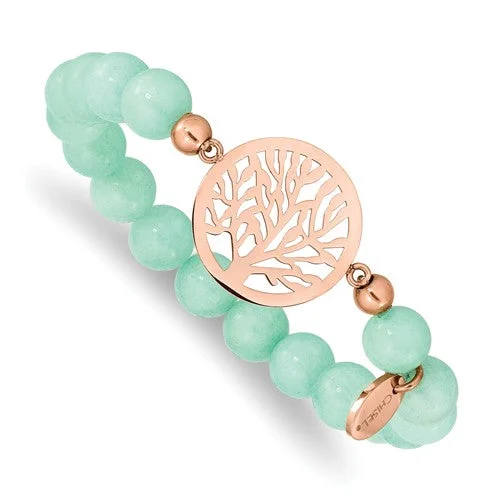 Quartz gem bangles-Stainless Steel Rose Gold Tree of Life Mint Green Jade Stretch Bracelet