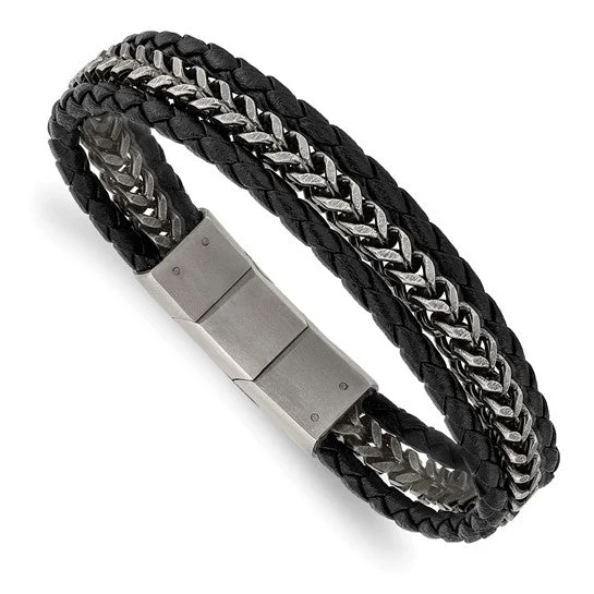 Worn charm bangles-Stainless Steel Multi Strand Chain and Black Leather 8.25" Bracelet with Extension