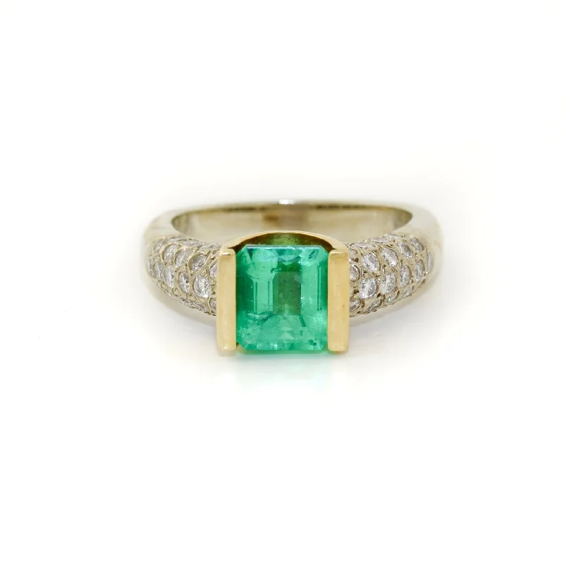 Spinel cut rings-Two-Tone 18k x 1.78 ct Princess-Cut Emerald & Diamond Cluster Engagement