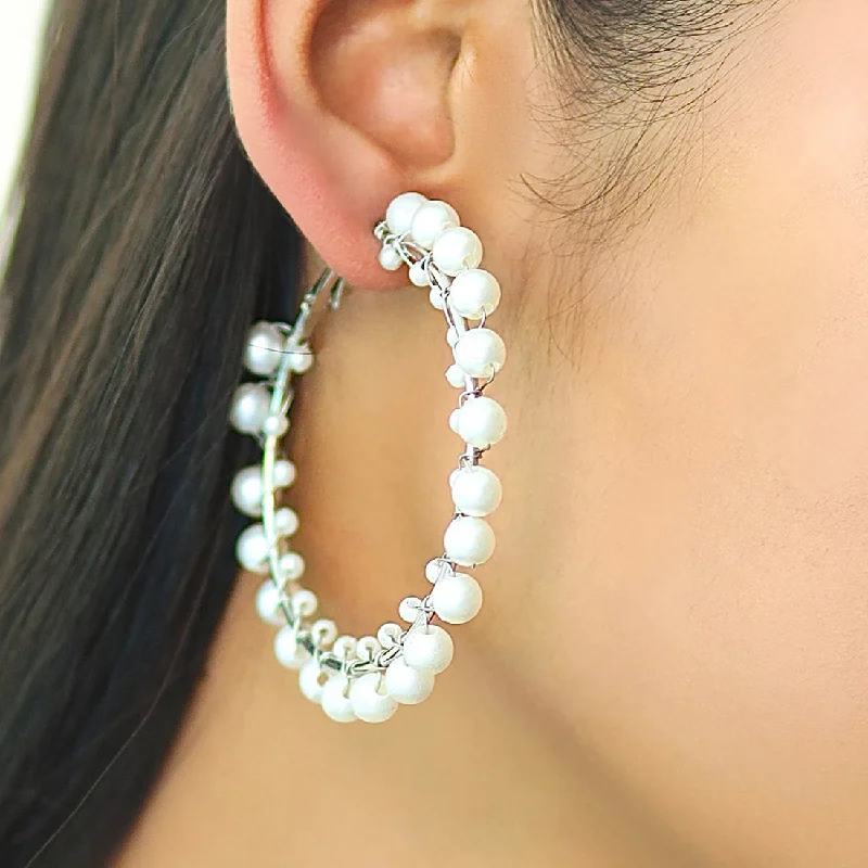 Satin gloss earrings-Oversized Silver-Toned Pearl Studded Hoop Earrings