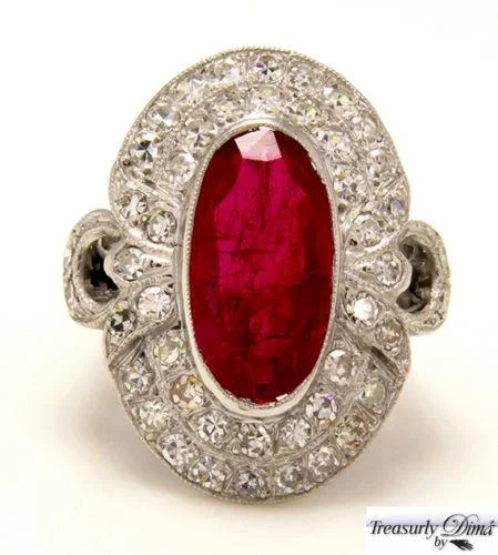 Solid gem rings-GIA 4.70CT ANTIQUE VINTAGE RED RUBY DIAMOND ENGAGEMENT WEDDING CLUSTER RING 18KW