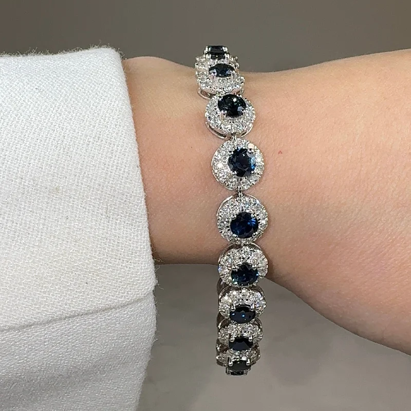 New moon bangles-Round Brilliant Shape 8.5 Carat Sapphire Center Featuring Diamond Halo Bracelet BRHARBS