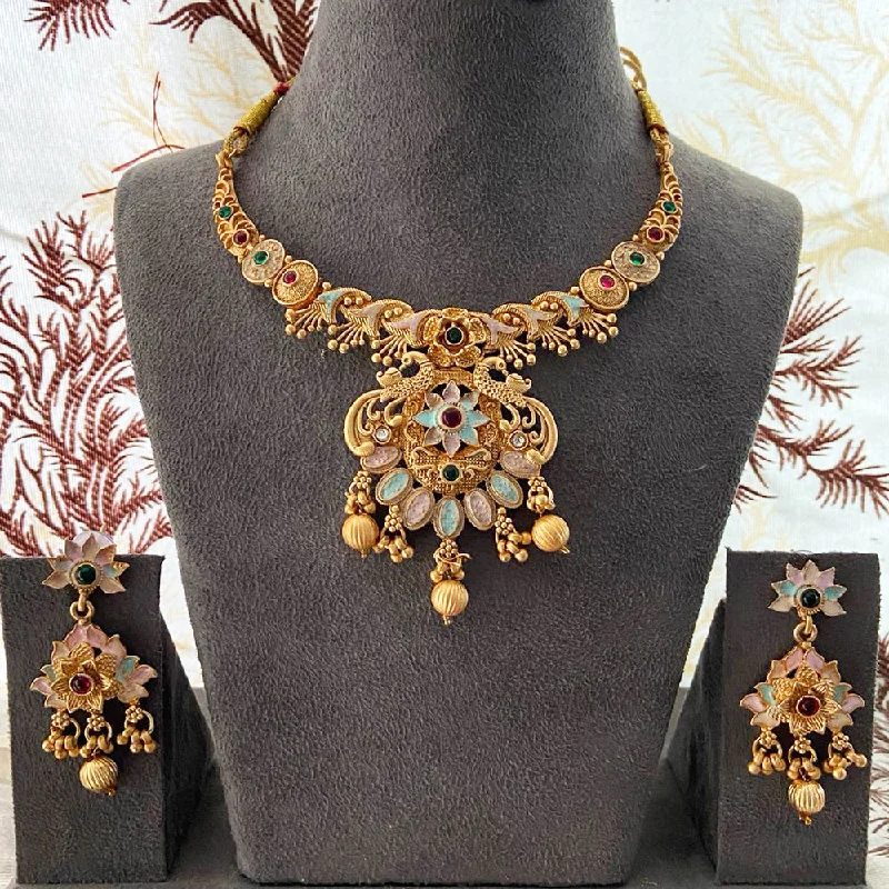 Leaf design necklaces-India Art Gold Plated Pota Stone And Beads Necklace Set