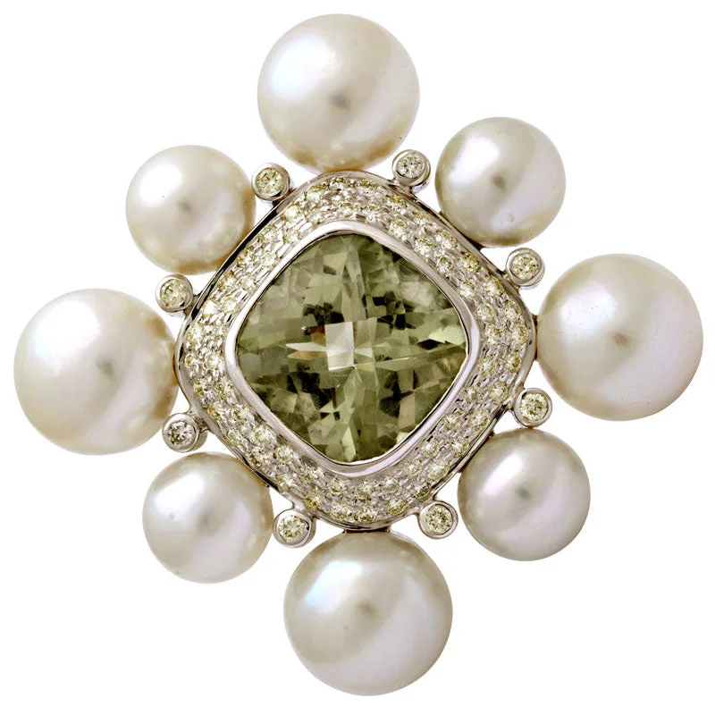 Tiny star brooch-Brooch-Green Quartz, South Sea Pearl and Diamond