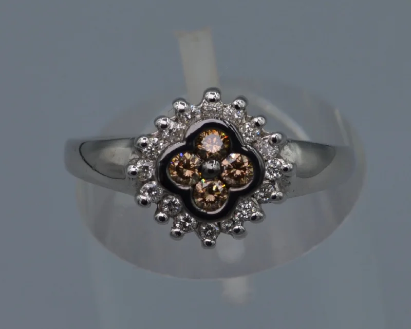 Chunky gem rings-14K white gold ring with four center Brown Diamonds framed with white Diamonds