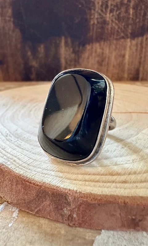 Wide band rings-SQUARE BLACK ONYX Chunky Silver Ring