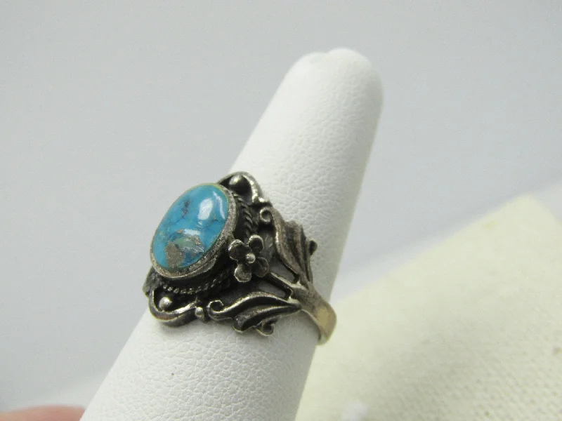 Ruby stone rings-Vintage Sterling Southwestern Turquoise Scrolled Ring, Sz. 7, 4.40 Gr., 1970's