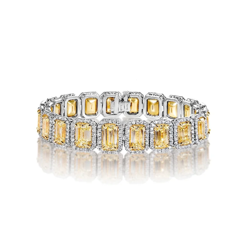 Pure crystal bangles-Priscilla 36 Carats Fancy Yellow Emerald Cut Halo Diamond Tennis Bracelet in 18k White Gold