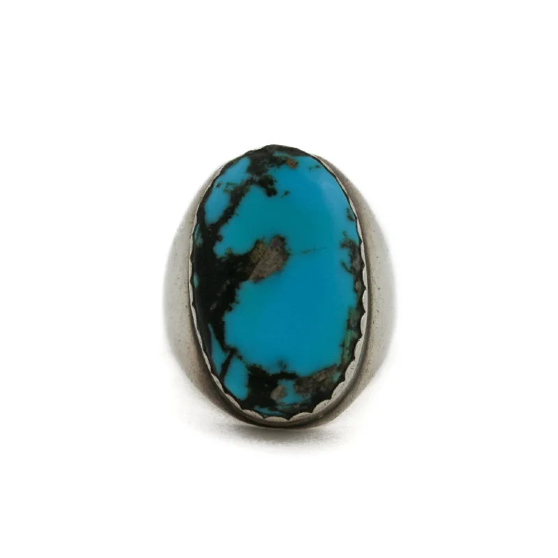 Fiber edge rings-Silver x Oval-Cut 1970's Kingman Turquoise Navajo Ring