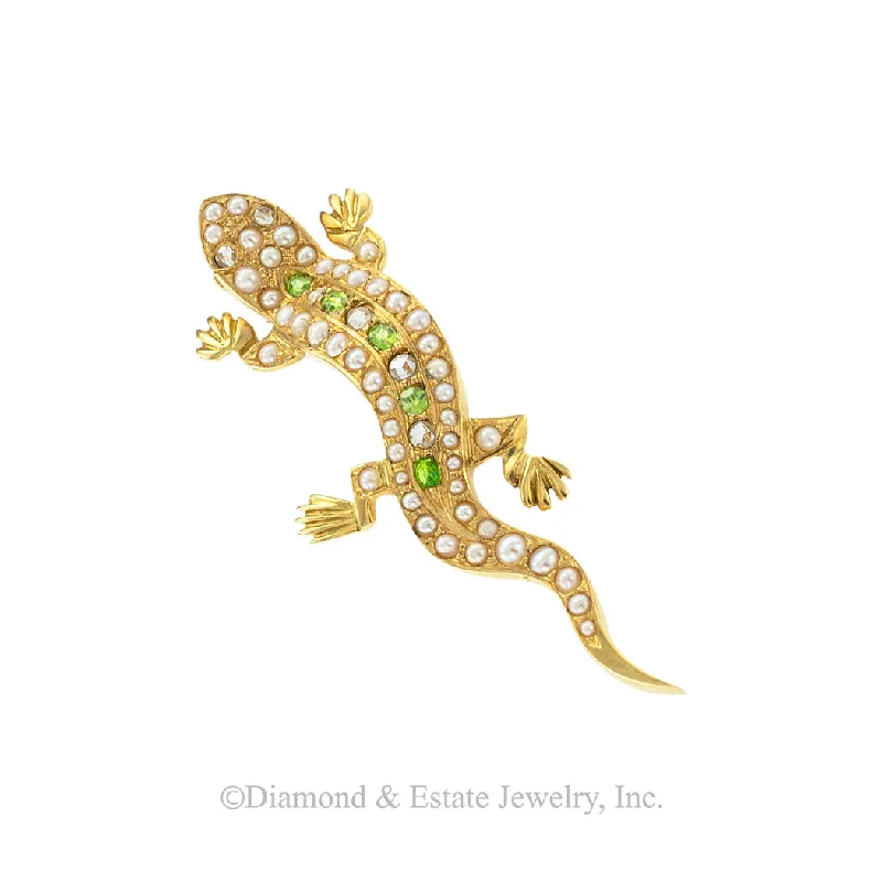 Smooth stone brooch-Antique Demantoid Garnets Pearl Rose Cut Diamond Salamander Brooch