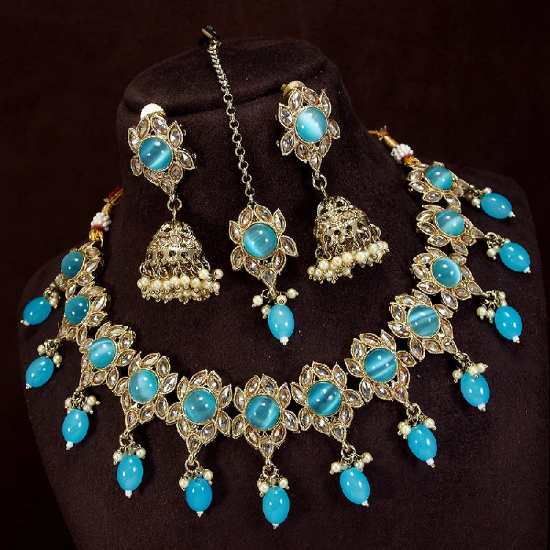 Coiled thread necklaces-LALSO Designer Gold plated Zircon Work Necklace Jewelry Set With Maangtika