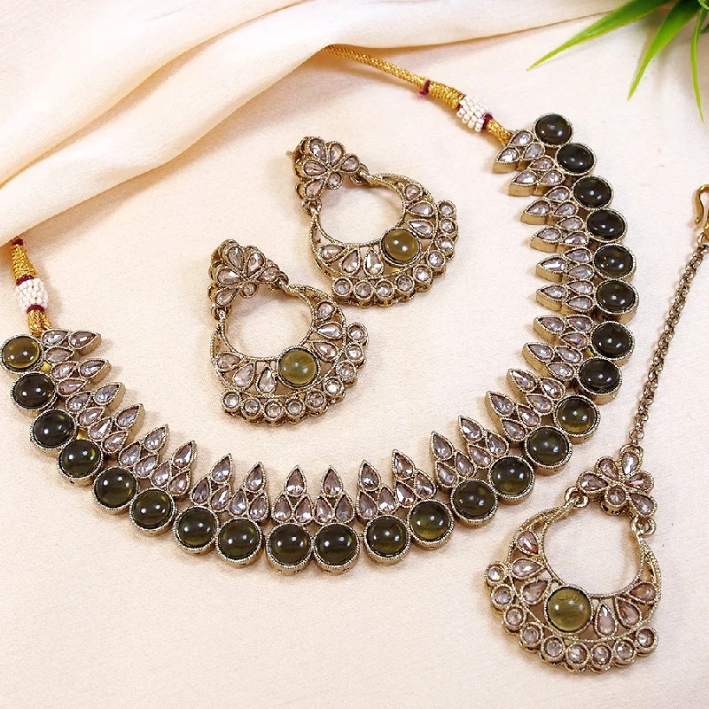 Solid stone necklaces-LALSO Stunning Gold plated AD/Zircon Work Necklace Jewelry Set With Maangtika