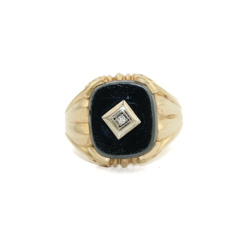 Spring band rings-10k Gold x Black Hematite & Diamond Art-Deco Signet