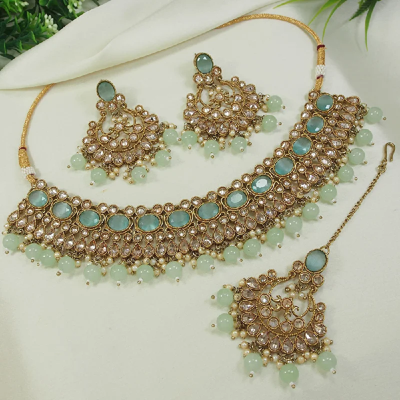 Surf motif necklaces-LALSO Stunning Mehendi Gold plated AD/Zircon Work Necklace Jewelry Set With Maangtika