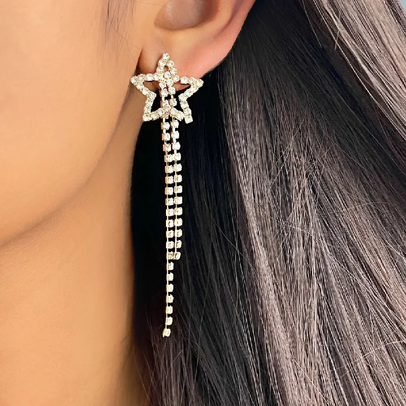 Bamboo style earrings-Star White Diamante Crystal Studded Gold-Toned Long Tassel Drop Earrings