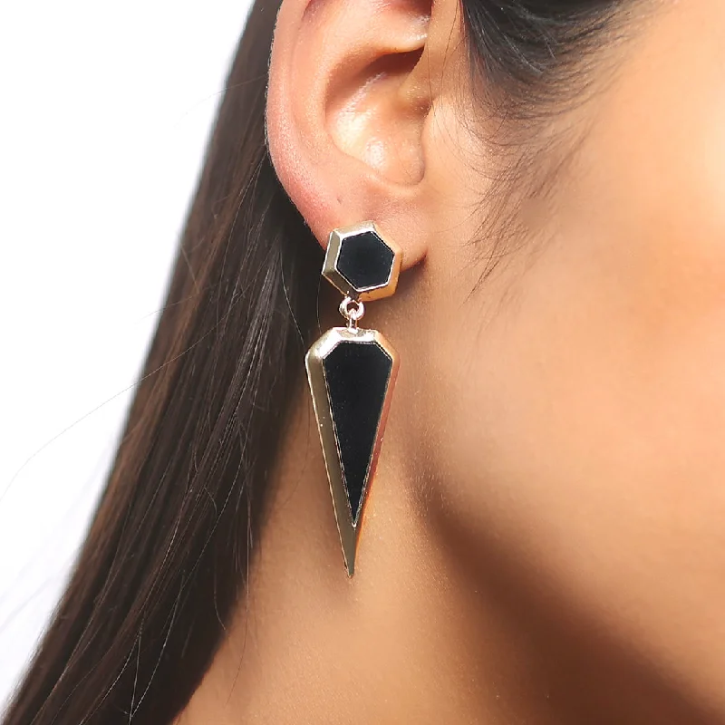 Dual-metal earrings-Geometric Black Acrylic Gold-Toned Double Drop Earrings