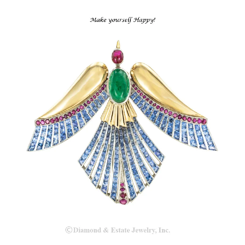 Tide design brooch-Emerald Ruby Sapphire Gold Phoenix Bird Clip Brooch