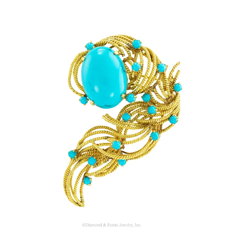 Sleek modern brooch-Turquoise Yellow Gold Brooch Pendant