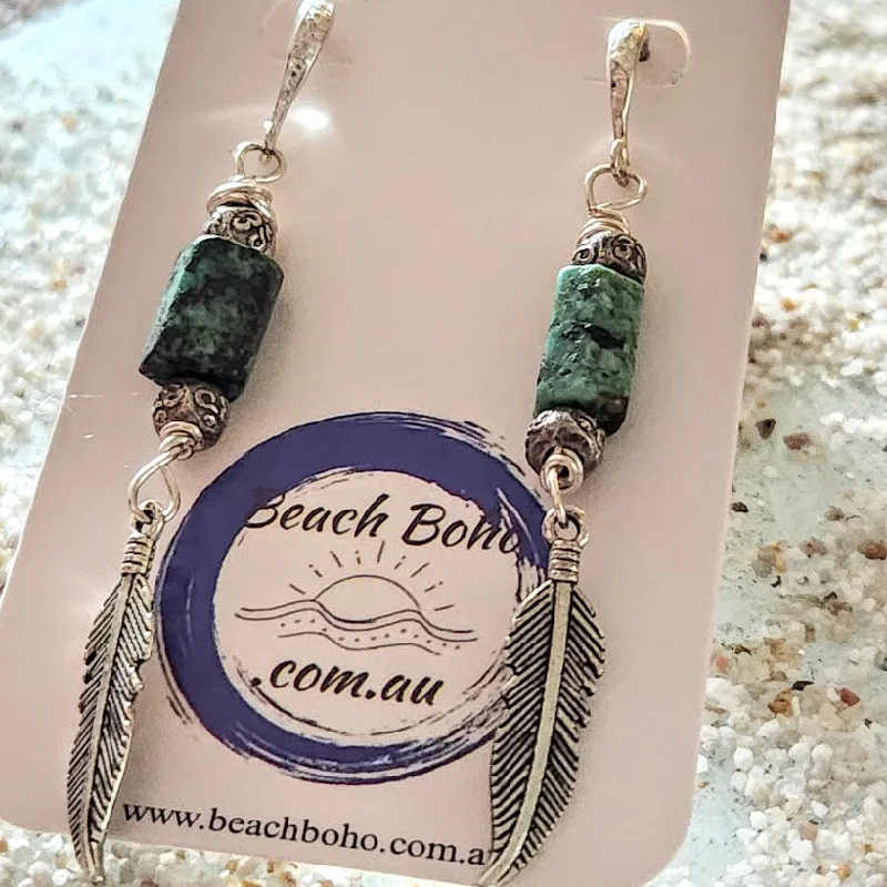 Silk cord earrings-GREEN LEAVES - HILLTRIBE SILVER EARRINGS