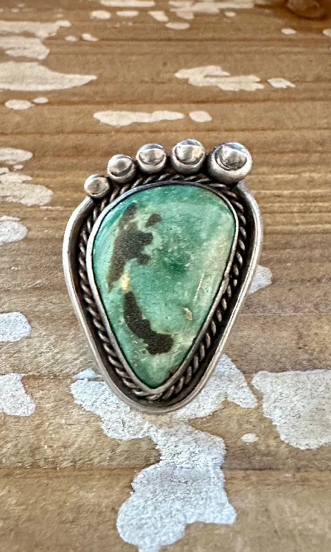 Oval gem rings-BEST FOOT FORWARD Vintage Handmade Large Ring Sterling Silver & Turquoise • Size 6 1/2