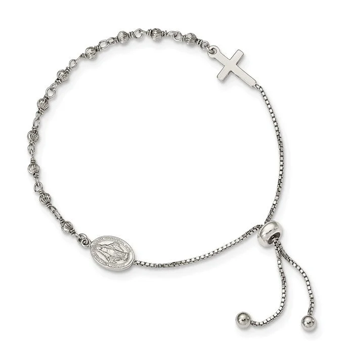 Faith charm bangles-Sterling Silver Miraculous Medal and Cross Adjustable Bolo Bracelet