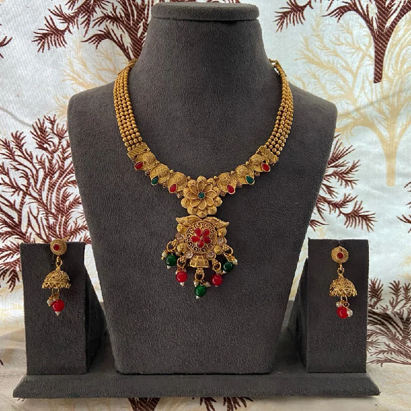 Raised bar necklaces-India Art Gold Plated Pota Stone And Beads Necklace Set