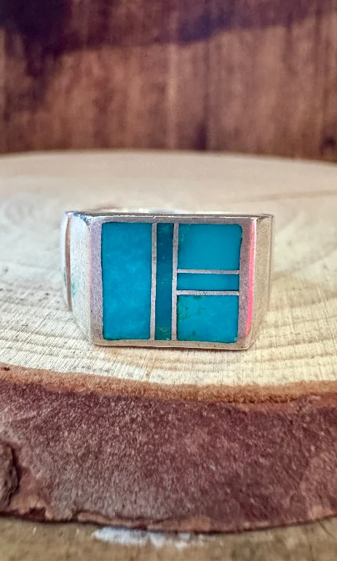 Warm clay rings-OCEAN BLUE Turquoise & Sterling Silver Geometric Inlay Mens Ring • Size 10