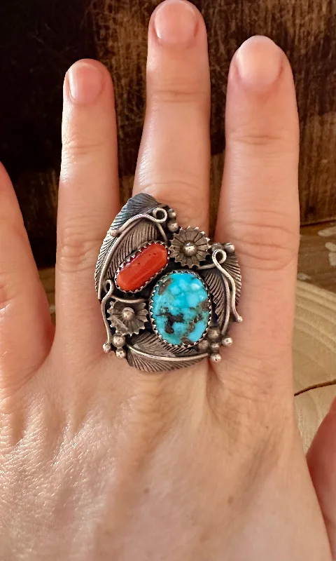 Sapphire gem rings-GARDEN OF EDEN Turquoise & Coral Silver Ring • Size 6 1/2