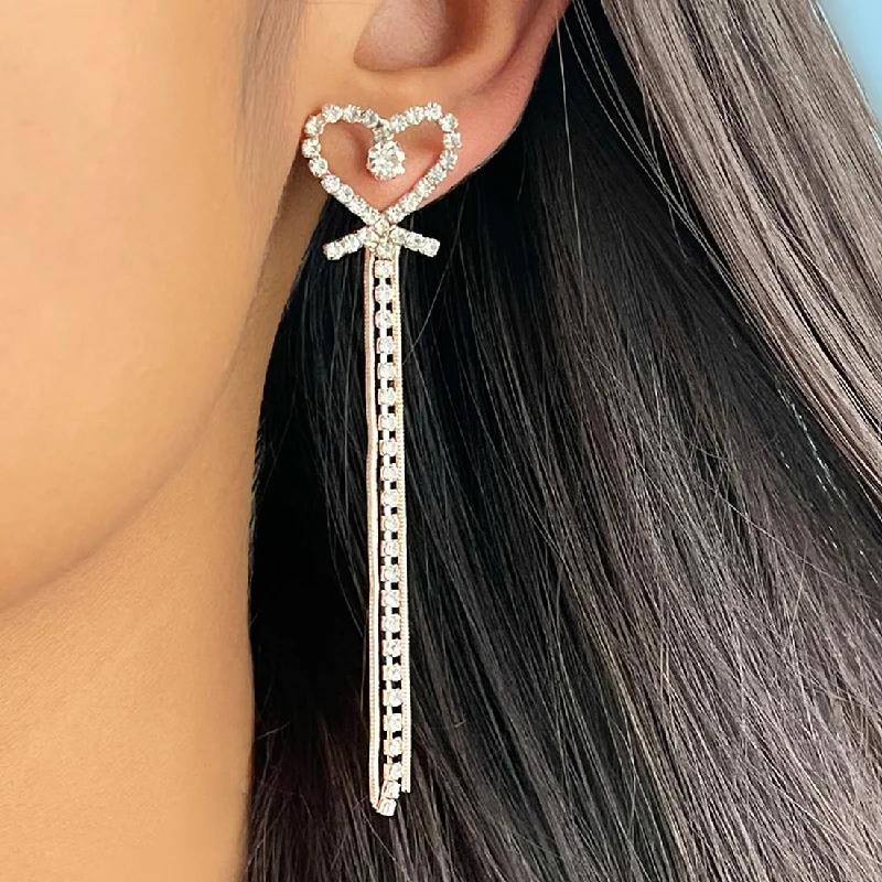 Textured disc earrings-Heart White Diamante Crystal Studded Rose Gold-Toned Long Tassel Drop Earrings