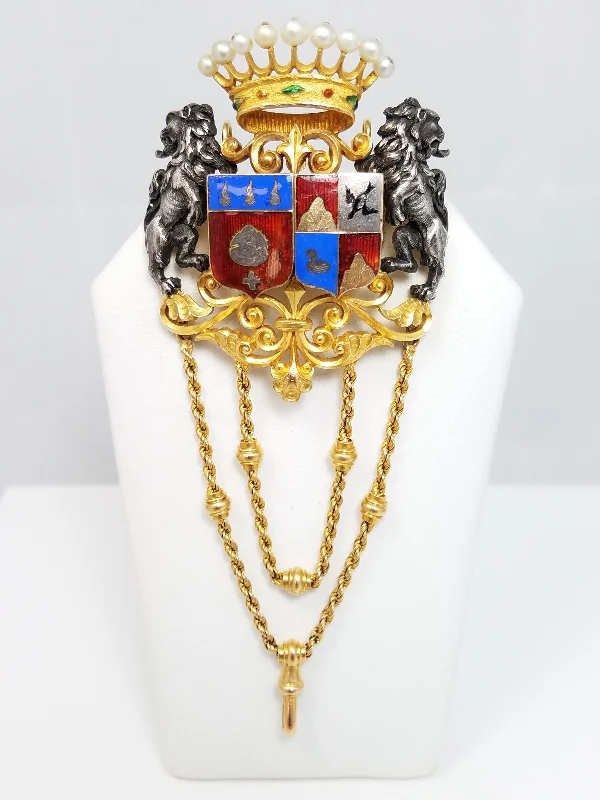 Vintage style brooch-Exquisite Victorian 18k Yellow Gold & Silver Family Crest Watch Hanger/Brooch Pendant