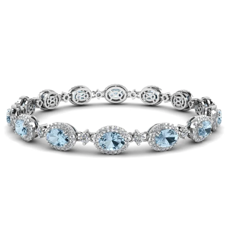 Daisy motif bangles-Oval Shape 9 Carat Aquamarine Center Featuring Diamond Halo Bracelet BRHAOCA