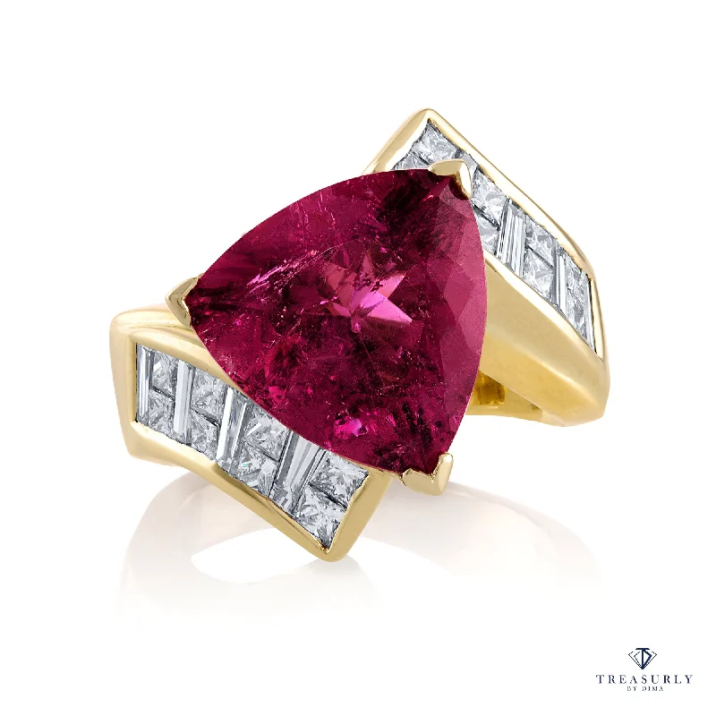 Curved gem rings-GIA 6.59ct Natural RUBELLITE Tourmaline Diamond 18k Yellow Gold Vintage Ring