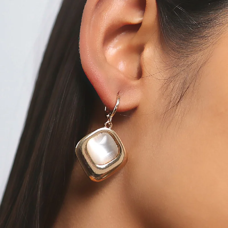 Bamboo motif earrings-Square White Moonstone Rose Gold-Toned Hoop Drop Earrings