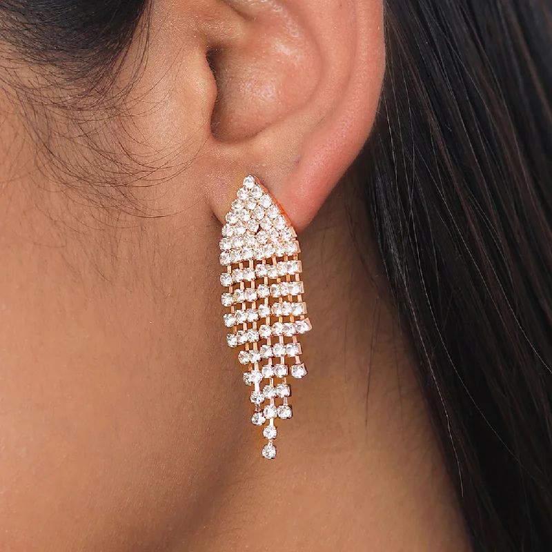 Bead braid earrings-Contemporary White Diamante Crystal Studded Rose Gold-Toned Triangular Tassel Drop Earrings