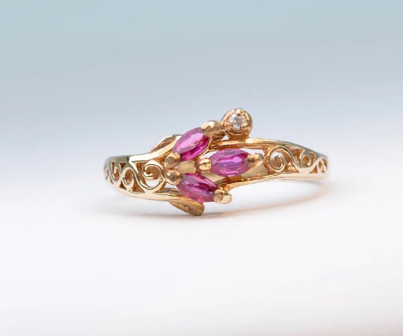 Tri-tone rings-Ruby Ring with Small Side Diamond in 14K Yellow Gold