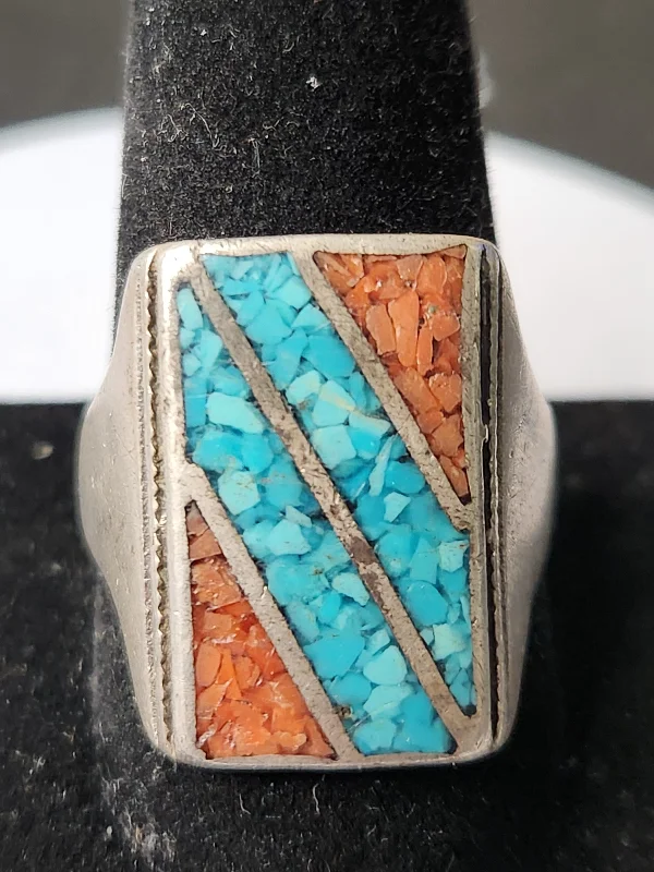 Secure clasp rings-.925 Sterling Silver Crushed Turquoise Inlay Ring Sz 11.5