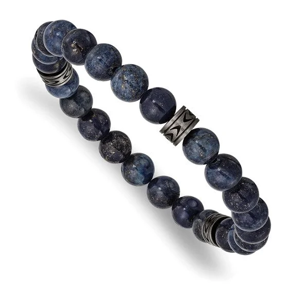 Curved gem bangles-Chisel Stainless Steel Antiqued White Bronze-plated 6.5mm Lapis Beaded Stretch Bracelet