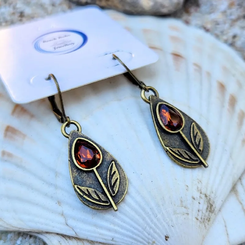 Pure gem earrings-AMBER LEAVES  - COPPER CRYSTAL HANDMADE HOOK EARRINGS