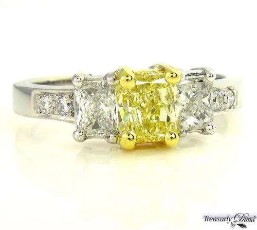 Satin band rings-GIA 2.52CT ESTATE FANCY YELLOW RADIANT 3 STONE DIAMOND ENGAGEMENT WEDDING RING