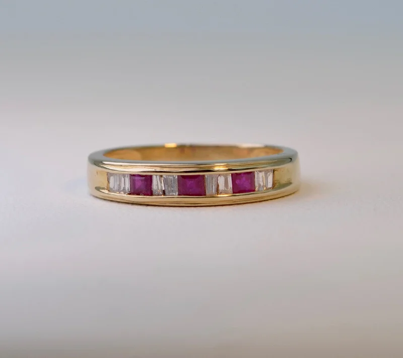 Solid band rings-14K yellow gold Band ring with 3 square Rubies and 8 Baguette Diamonds