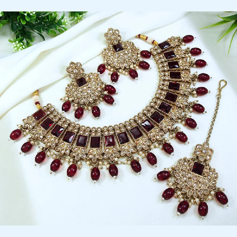 Tight clasp necklaces-LALSO Gold plated Zircon Work Necklace Jewelry Set With Maangtika