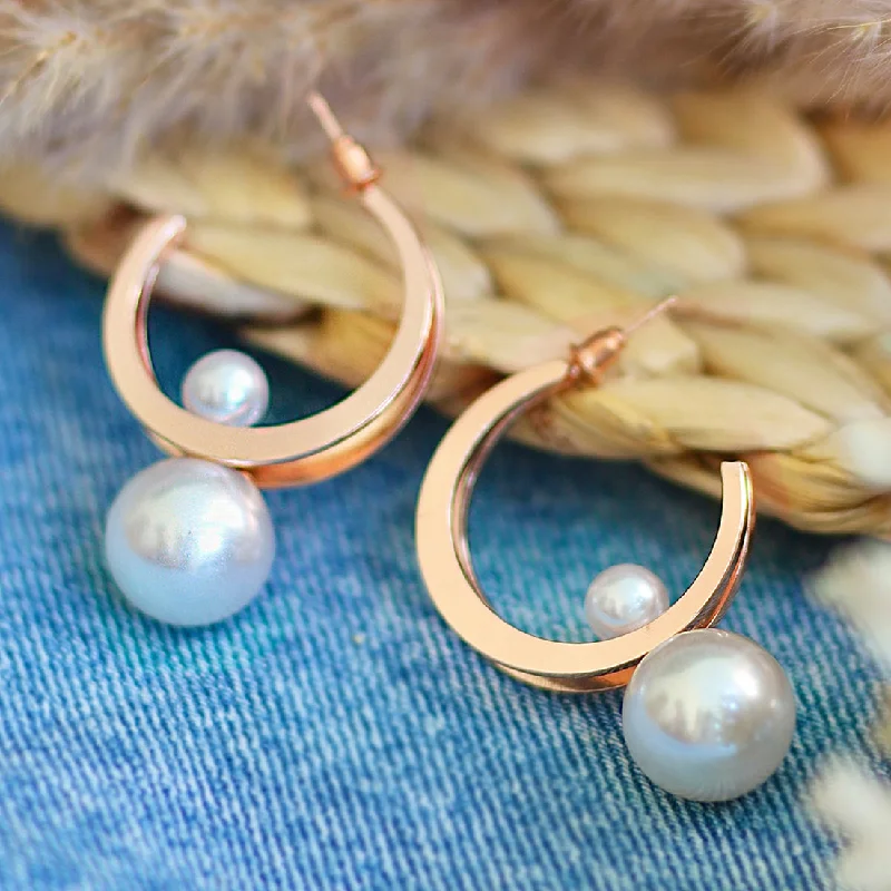 Curved shape earrings-Circular Rose-Gold Toned Pearl Drop Oversized Double Layer Hoop Earrings