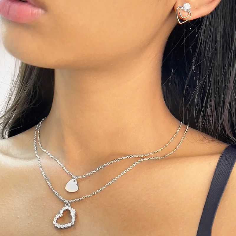 Pure stone earrings-Set Of Two Heart & Diamante Studded Layered Mini Pendant Silver-Toned Necklace & Earrings