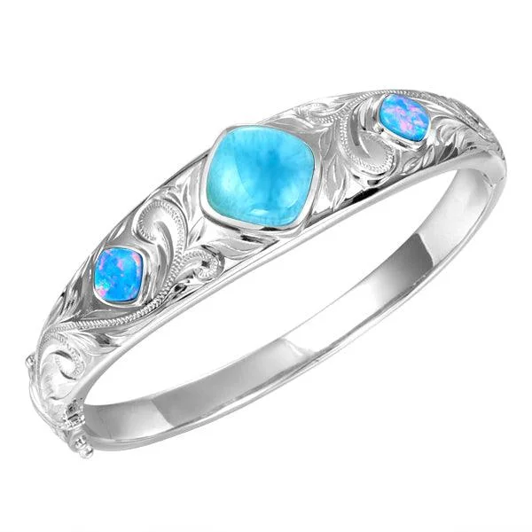 Glossy pearl bangles-Larimar & Opal Engraved Scroll Bangle Bracelet by Alamea