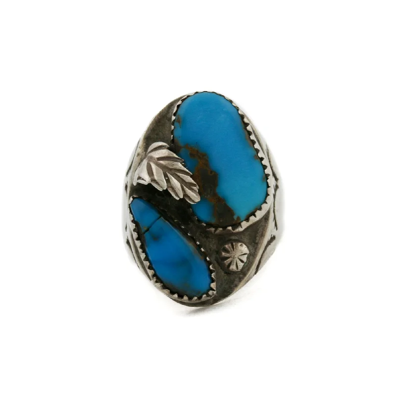 Heavy gem rings-Twin 1970's Royal Blue Turquoise Leaf-Motif Navajo Ring