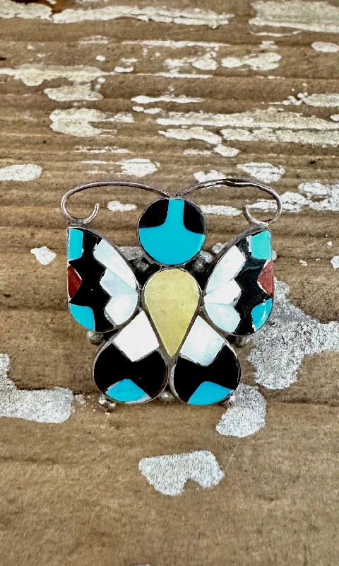 Wide geometric rings-TAKING FLIGHT Allison Dishta Inlay Butterfly Zuni Ring • Size 5