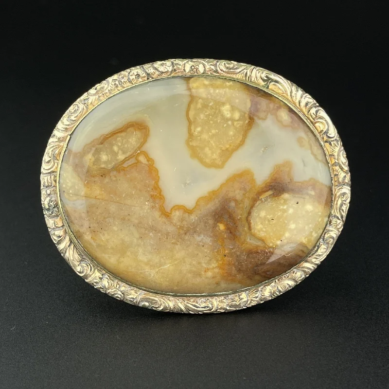 Surf design brooch-Antique Victorian Gold Engraved Lace Picture Agate Brooch