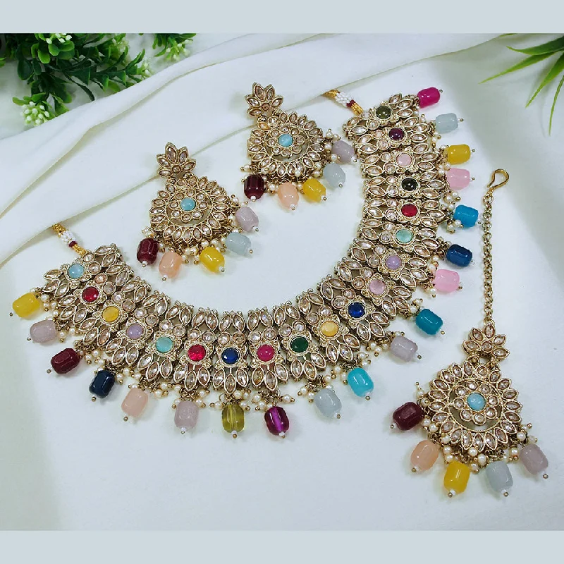 Vibrant enamel necklaces-LALSO Designer  Gold plated Zircon Work Necklace Jewelry Set With Maangtika