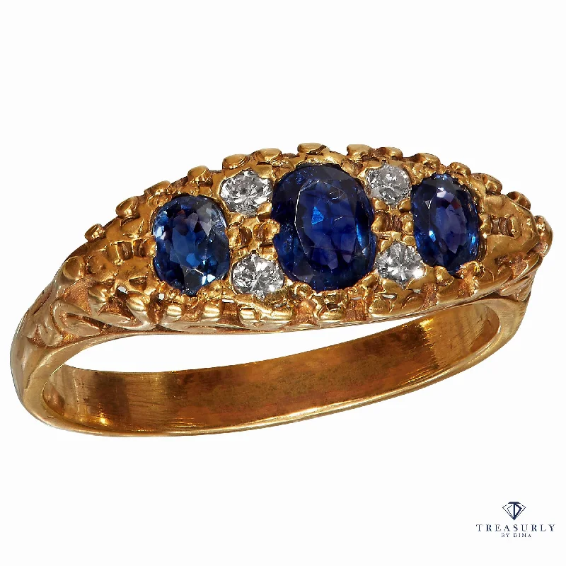 Fine dot rings-Victorian Revival 1.09ct Vintage GIA Blue Sapphire & Diamond Trilogy 16k Gold Ring