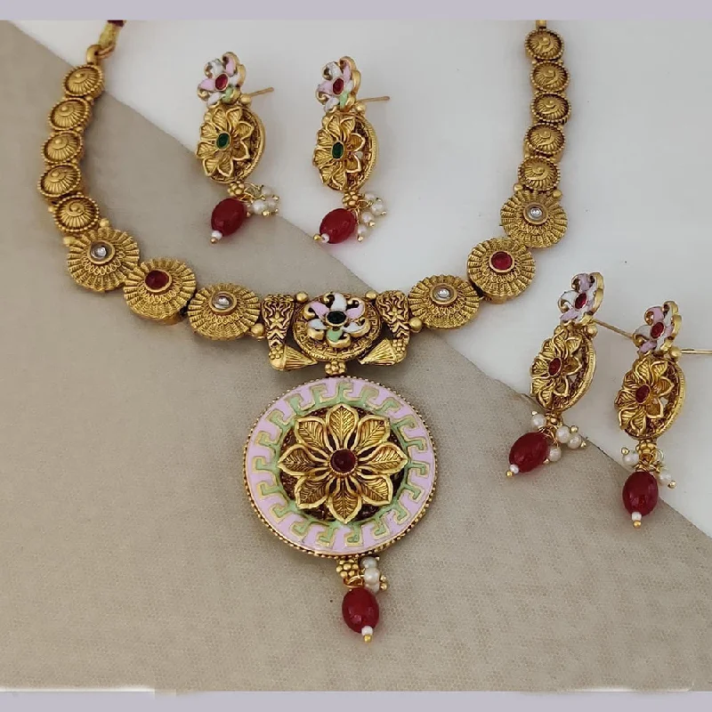 Wave motif necklaces-Rani Sati Jewels Gold Plated Pota Stone Necklace Set